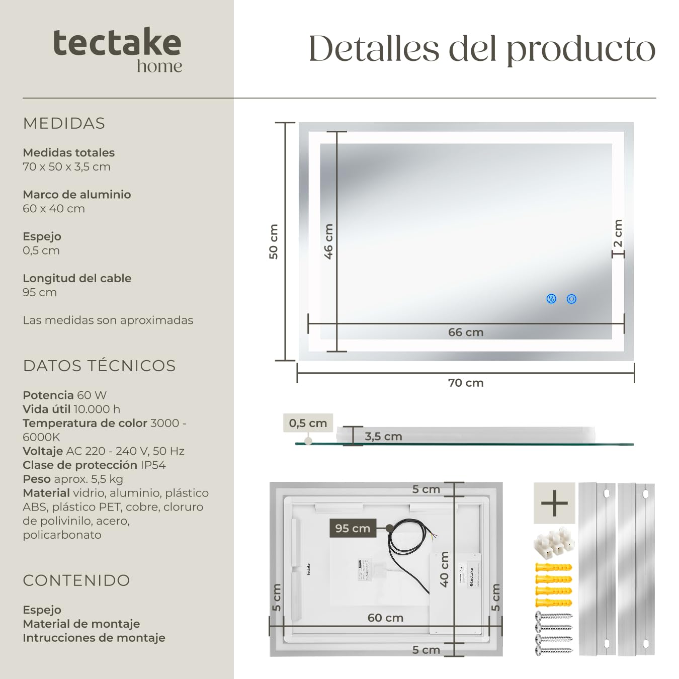 tectake® Espejo Baño LED sin Marco Rectangular, Diseño Moderno, Espejo Pared con Luz, Espejos de Baño con Luces, Decoracion Hogar, Decoracion Pared - 50x70 cm