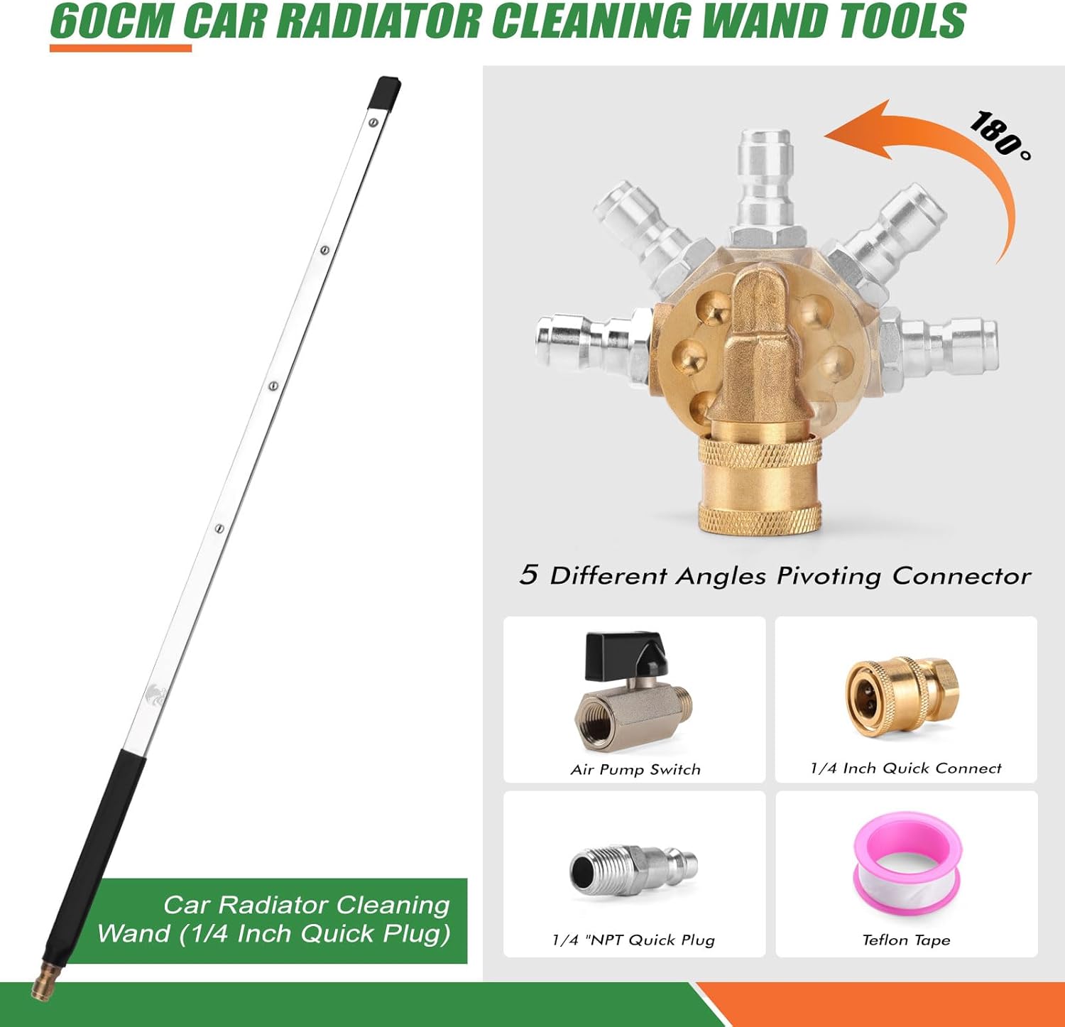 24 Inch Pressure Washer Wand for Car Radiator Cleaning Tools, Dual-Use Radiator Cleaner Wands for Pressure Washer & Pressure Air Pump Flush Car Truck Radiator Power Washer Wand with 4 Nozzle Tips