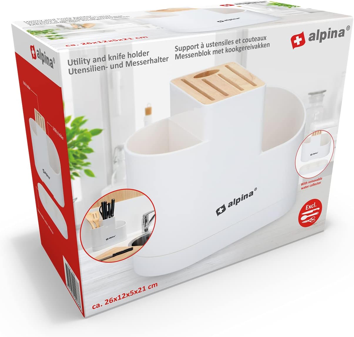 alpina Knife Block and Kitchen Utensil Holder - Kitchen Organiser - Knife Block without Knives - Plastic/Bamboo - White