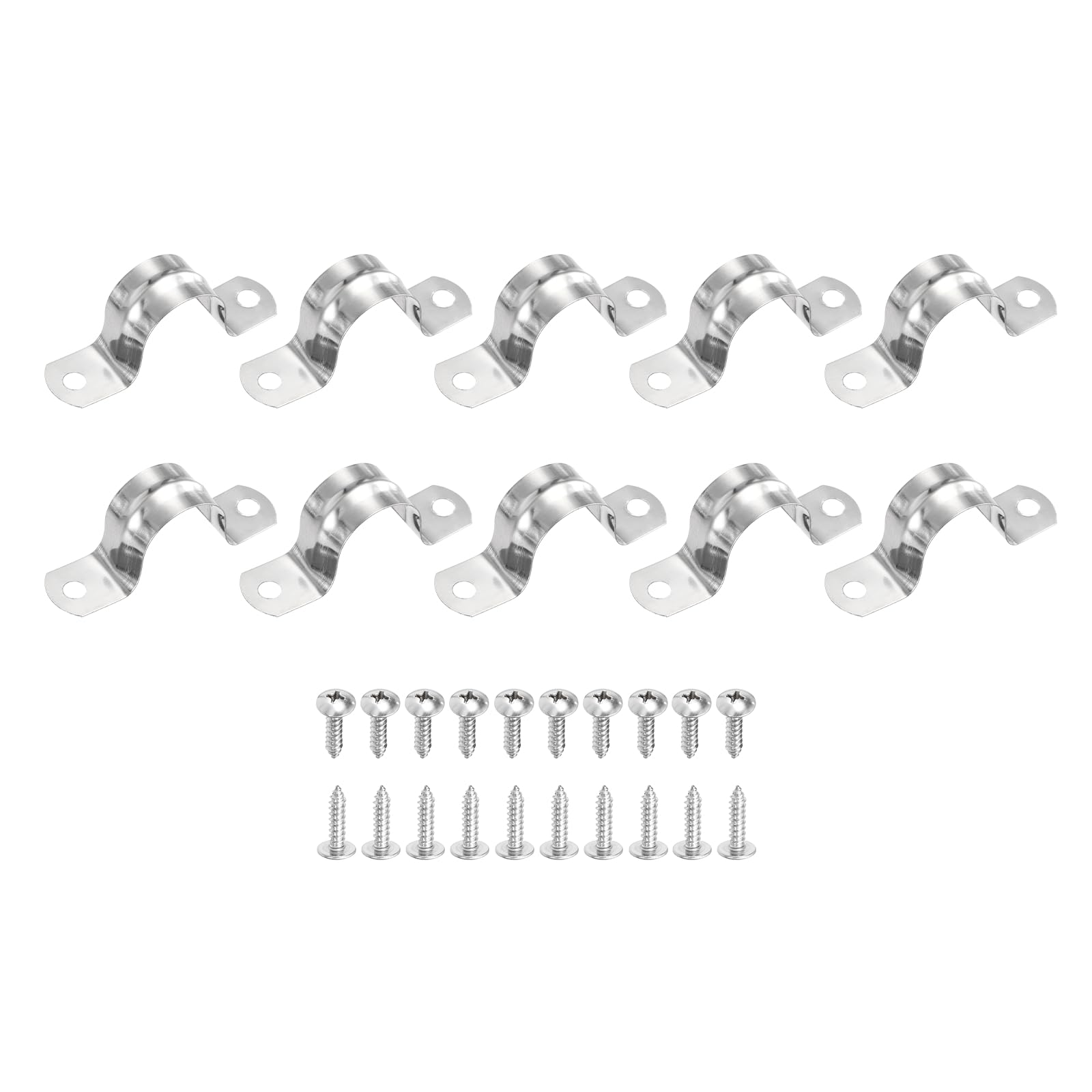 sourcing map 10Pcs 25mm(1") 304 Stainless Steel Rigid Pipe Strap, Two Hole Strap U Bracket Heavy Duty Pipe Conduit Clamp with Self-Tapping Screws for Hose Wire Cord Installation, Silver