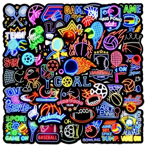 50pcs Neon Sports Theme Sticker Waterproof Vinyl Stickers - Football Soccer Baseball Basketball Decor & Party Favors Gifts for Laptop Water Bottle Skateboard Guitar (Neon Sticker-1)