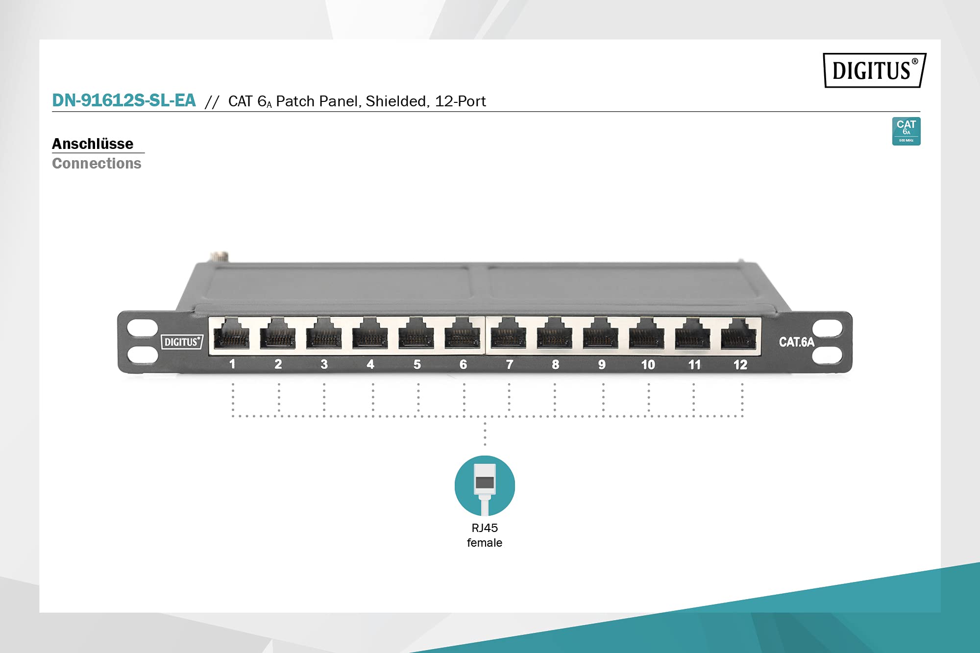 Panneau de Brassage Cat 6A, blindé, 12 Ports 1/2U, 10", Montage en Rack, Noir RAL 9005