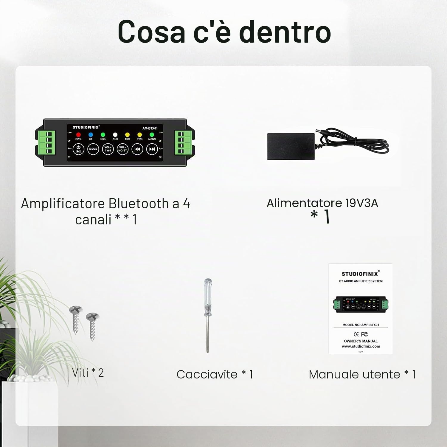 STUDIOFINIX 4 Canali Mini Amplificatore 5.1 Bluetooth 120w per altoparlanti passivi con TWS, AUX, MIC, USB, parte di ricambio, adatto per altoparlanti a parete/soffitto/marino/libreria