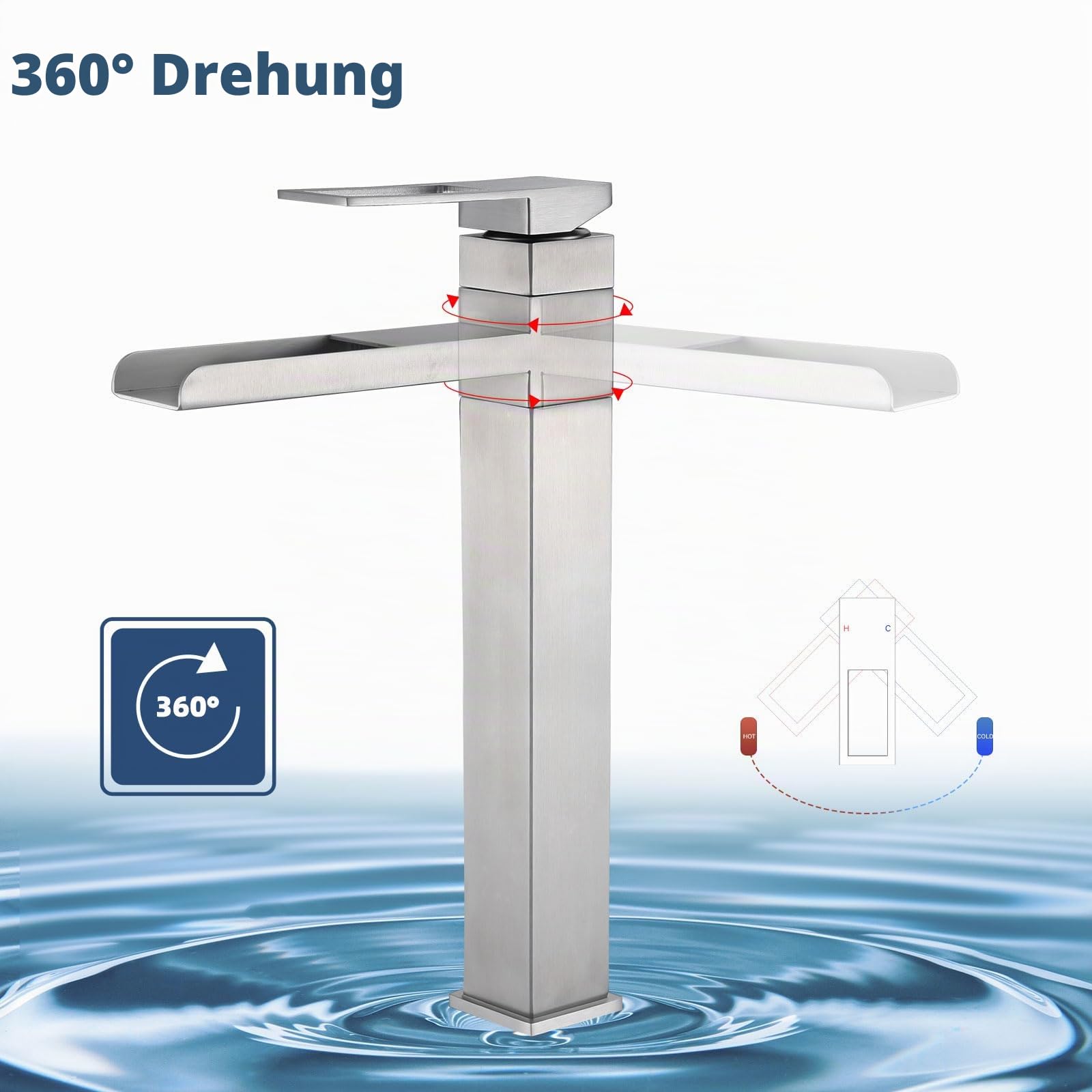 Waschtischarmatur Hoch, Wasserhahn Bad Wasserfall, 360° Schwenkbar Mischbatterie Waschtisch, Einhebelmischer für Bad, Hoch Armatur, Gebürstet, 6M2OK-T