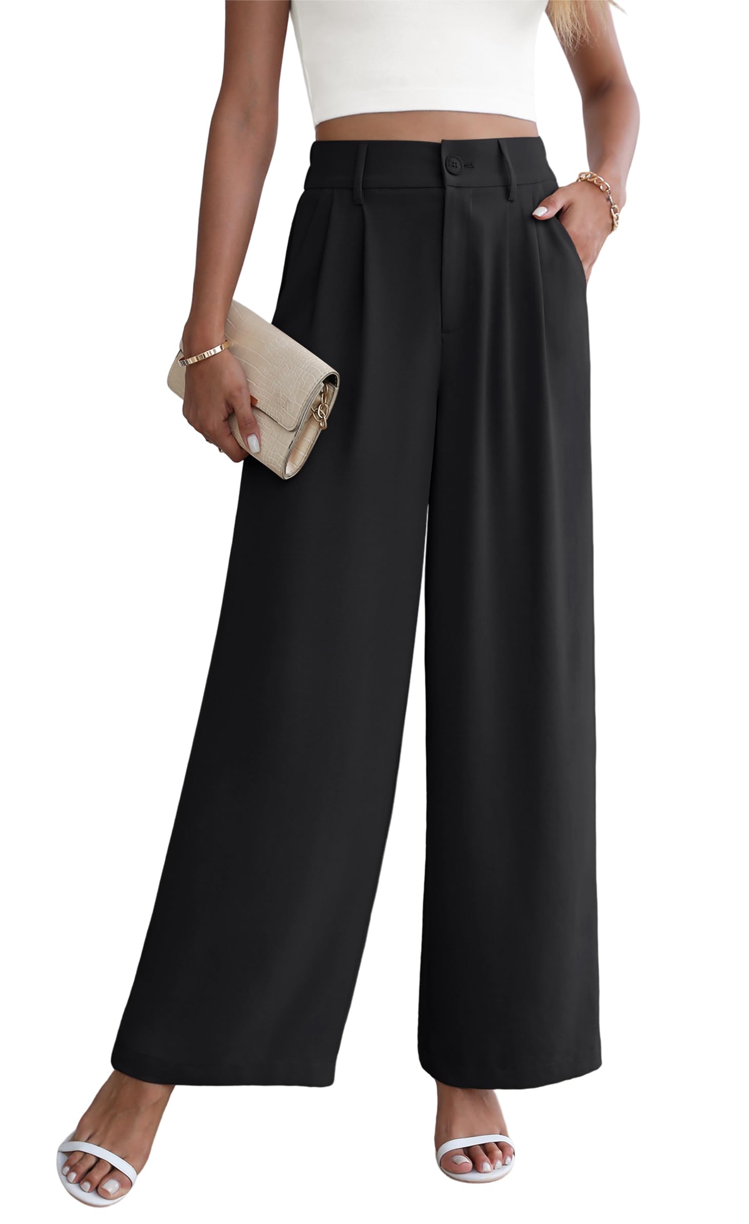 Yommay Pantaloni da lavoro da donna, comodi, eleganti, da salotto, a vita alta, gamba larga, pantaloni da lavoro con tasche