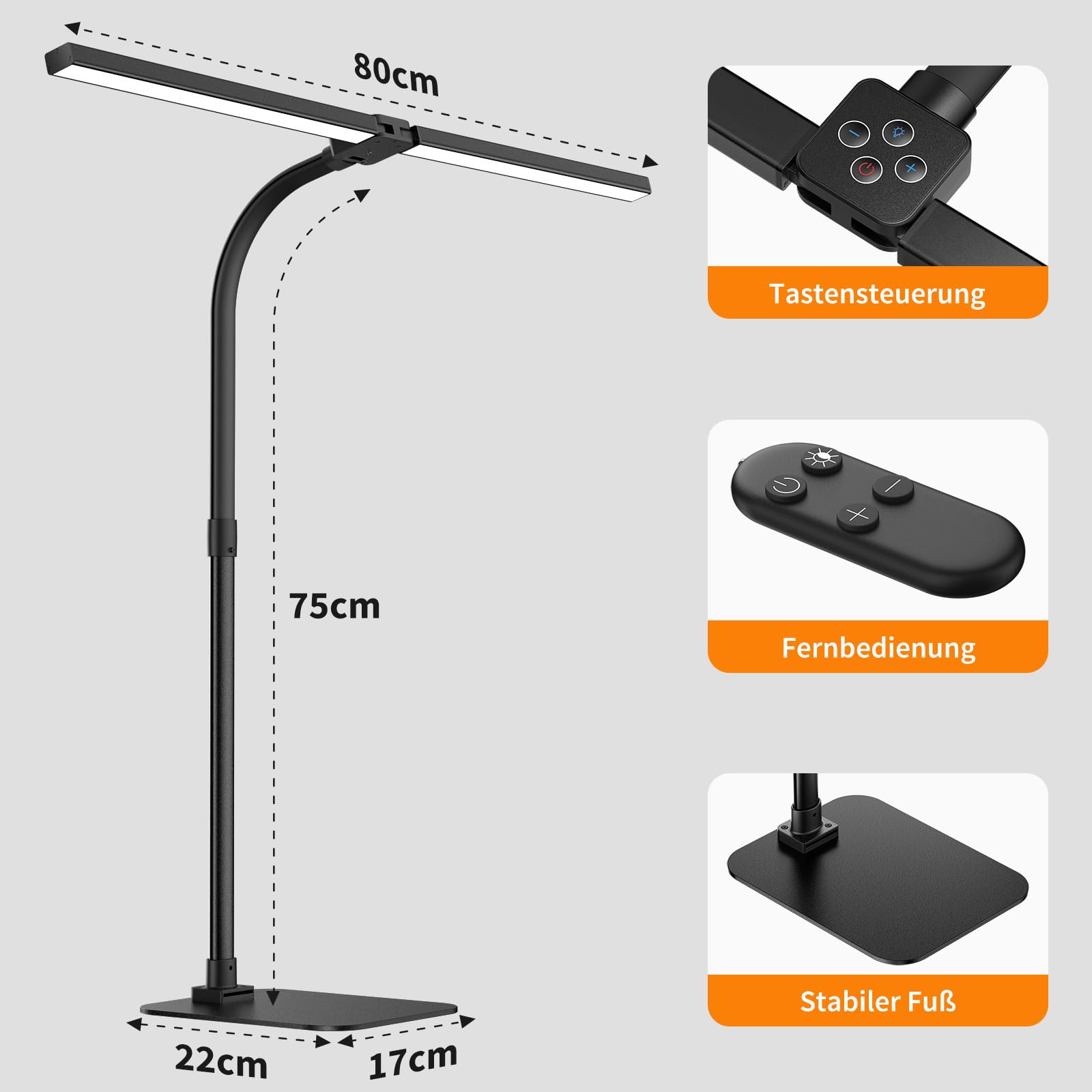 Doppelkopf Schreibtischlampe LED dimmbar, Schreibtischlampen mit Sockel,24W 80cm Tageslichtlampe, Augenpflege 5 Farbtemperaturen 5 Helligkeit, für Arbeit,Haus,Büro,Schlafsaal, Studie,Lesen