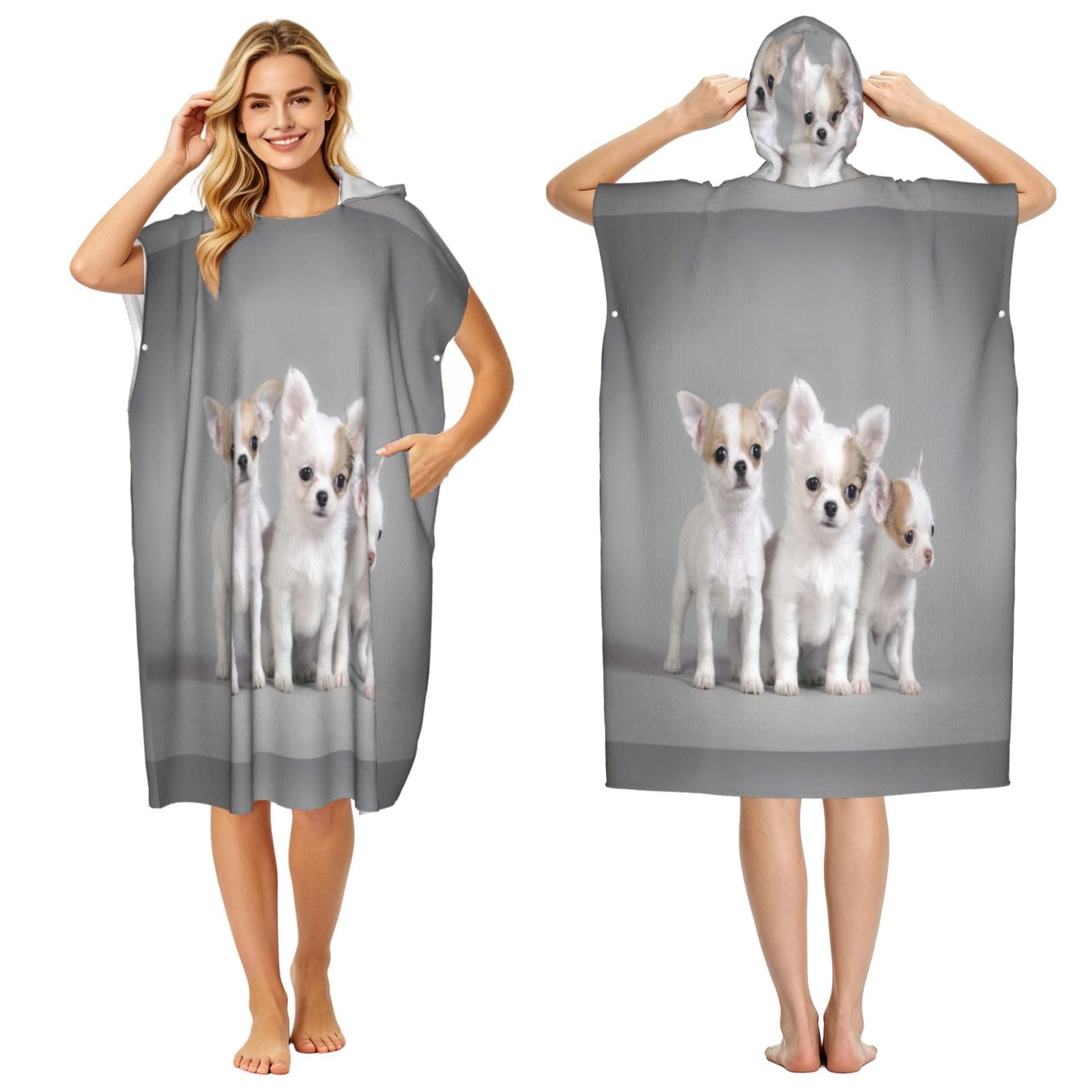 Poadnly Chihuahua Puppies, Adult Hooded Beach Towel 90 x 110 cm,Changing Bath Robe, Surf Poncho Towel For Women Men