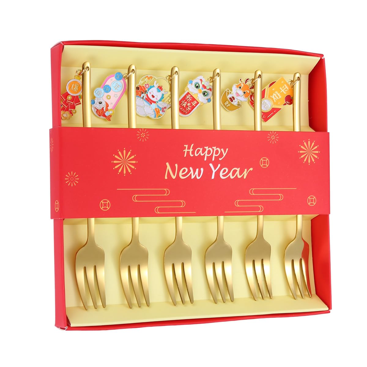 ONUIFIKE Silverware Set, 6/24/36/48/60/72pcs Pendant Stainless Steel Fork Gift Box Set Creative Gold Tableware Dessert Fruit Fork, Home Cutlery Flatware Set(Gold,60 Pieces)
