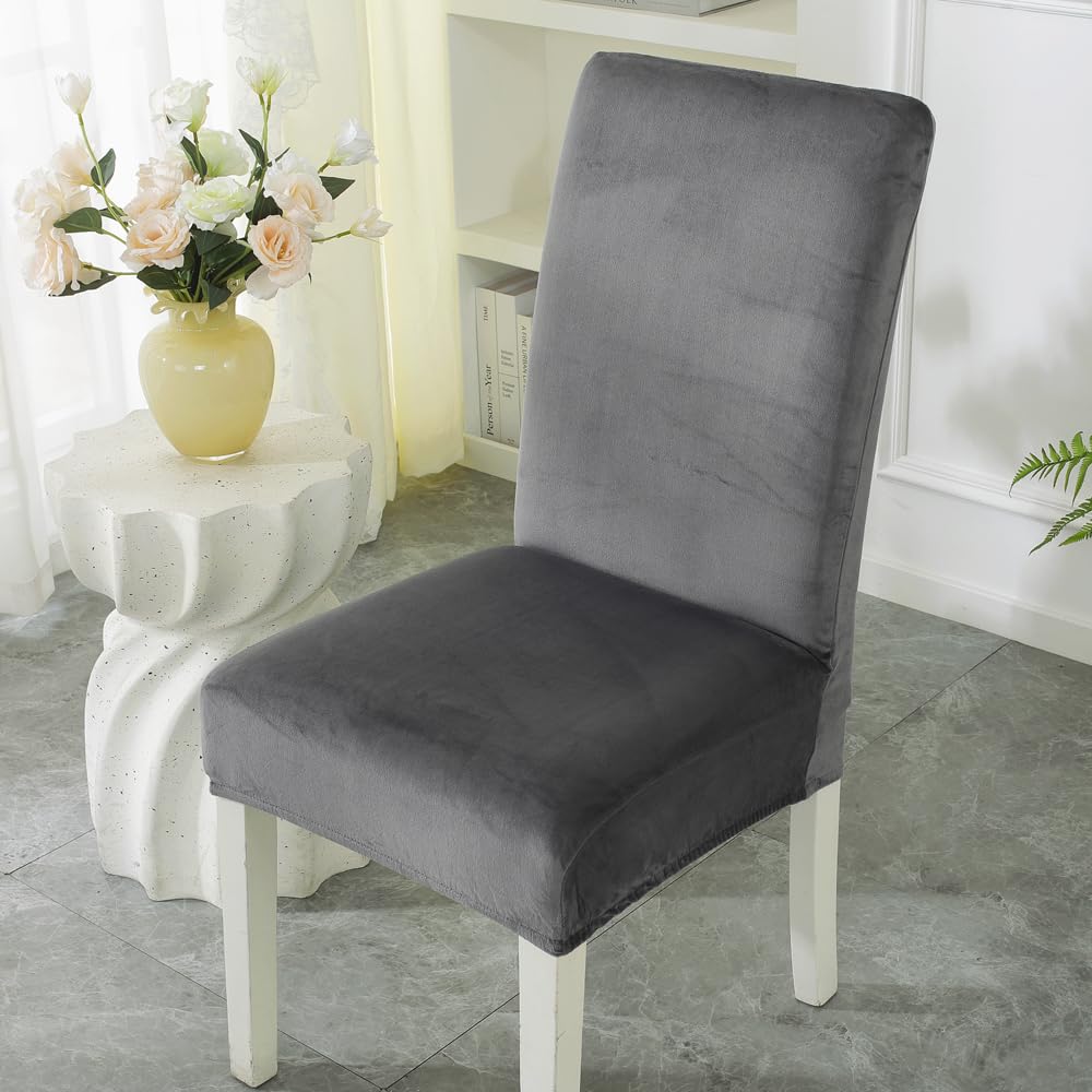 Kioscr Velvet Dining Chair Covers Stretch Chair Covers for Dining Room Set of 4 Parson Chair Slipcovers Chair Protectors Covers Dining, Soft Thick Solid Velvet Fabric Washable (Dark Gray, 4 Pcs)