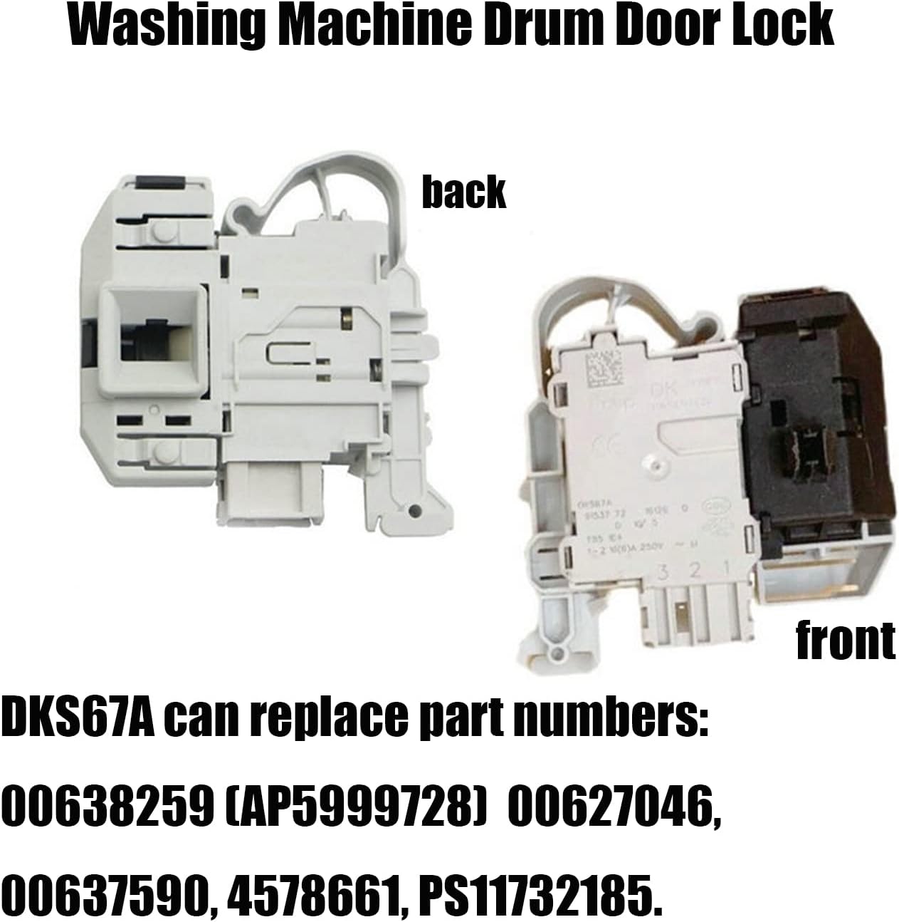 Front and back view of DKS67A with compatible part numbers
