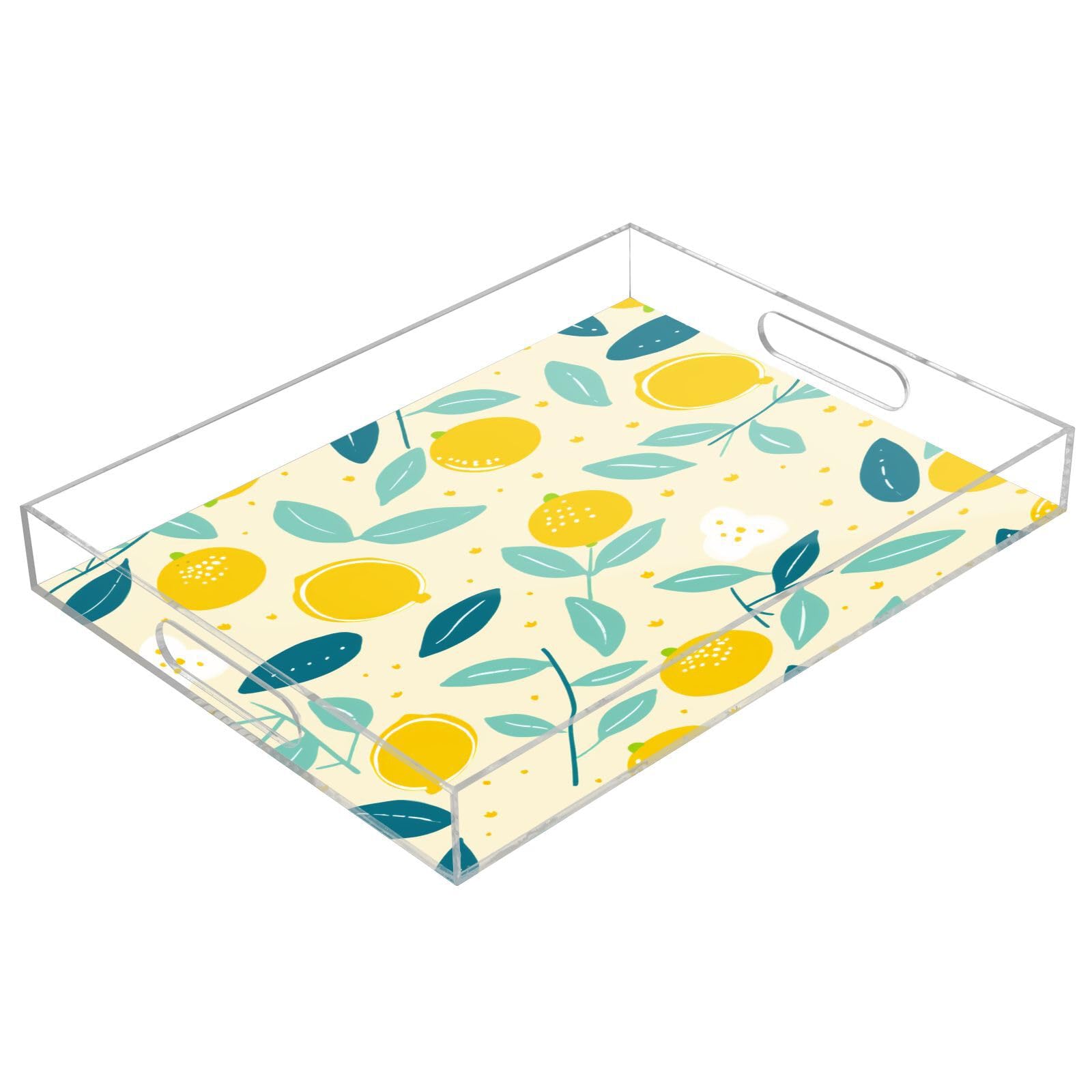 IOACIY Clear Serving Tray 12x16 Inches Acrylic Decorative Tray Organiser for Ottoman Coffee Table Countertop with Handles, Cute Lemon (3)