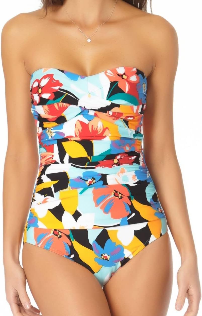 Anne Cole Modern Blooms Twist Front Shirred Bandeau ONE Piece, 16