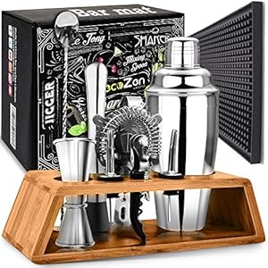 Cocktail Shaker Set Bartender Kit with Stand and Bar Mat | Essential Bar Accessories and Barware for The Home Bar Kit I…