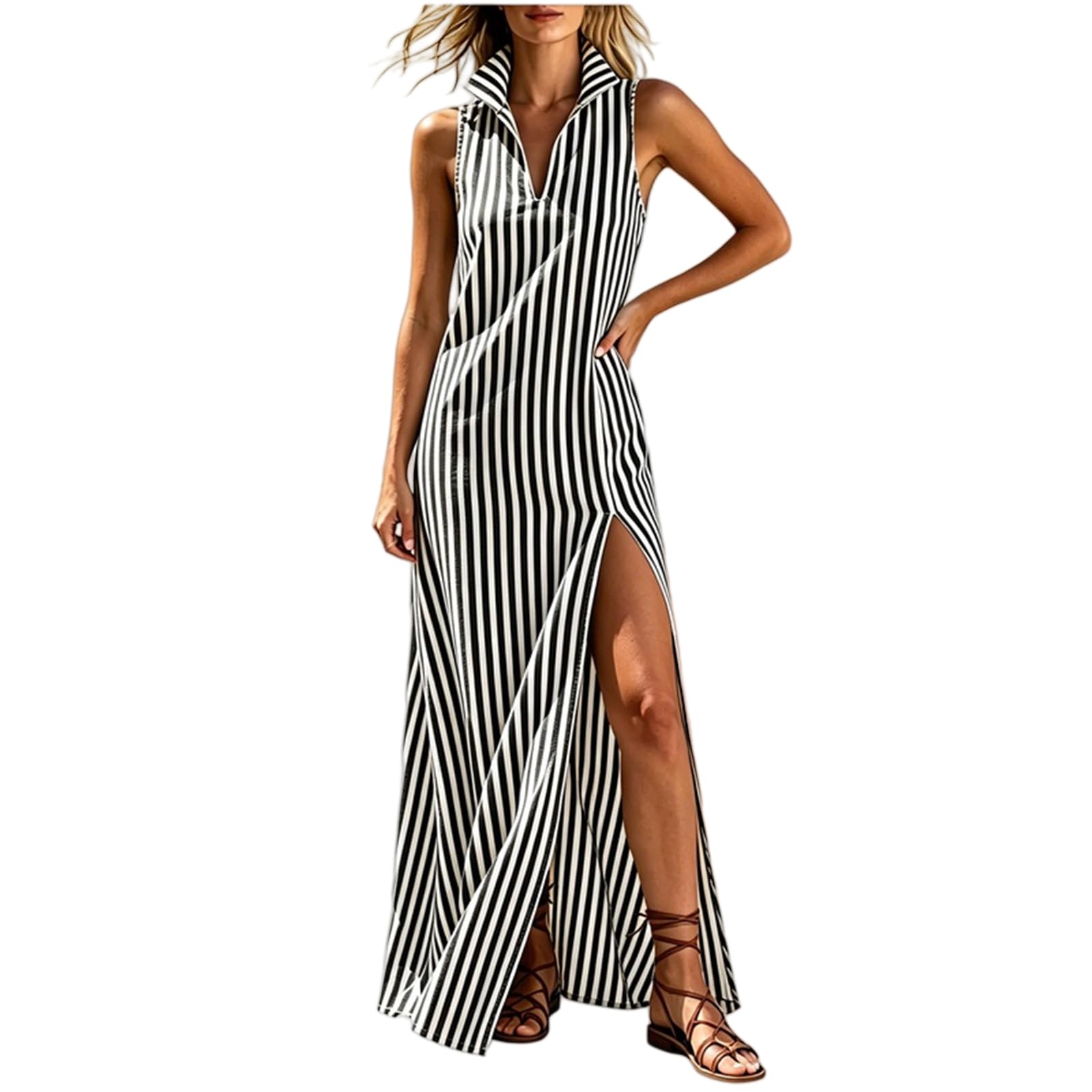 Generico Elegante Maxi Abito Classico a Righe in Misto Cotone e Lino con Collo alla Coreana; Maxi Abito da Spiaggia a Righe con Collo a Revers, dalla vestibilità Rilassata e disinvolta.