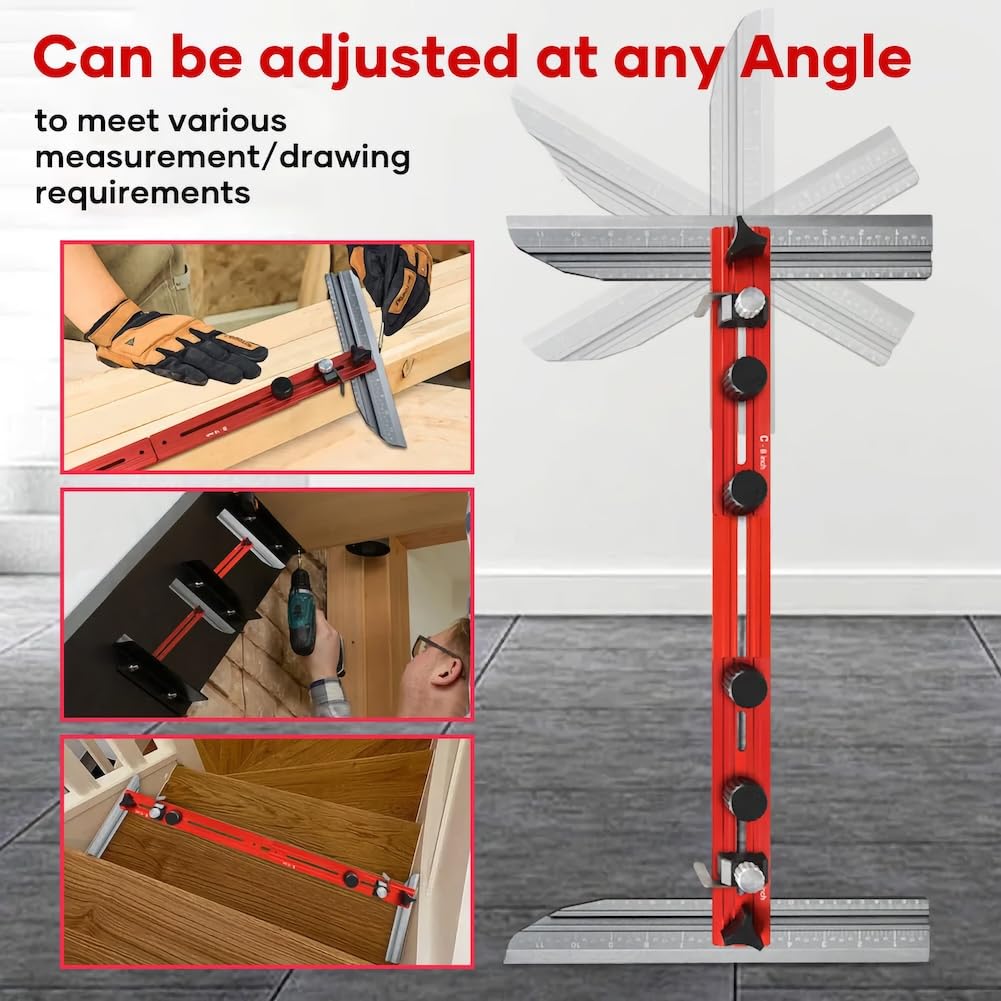 NAACOO Stair Tread Template Tool – Adjustable Jig With Level, Tape Measure & Pencil – For Accurate Riser, Partition & Shelf Layout (Metric/Imperial)