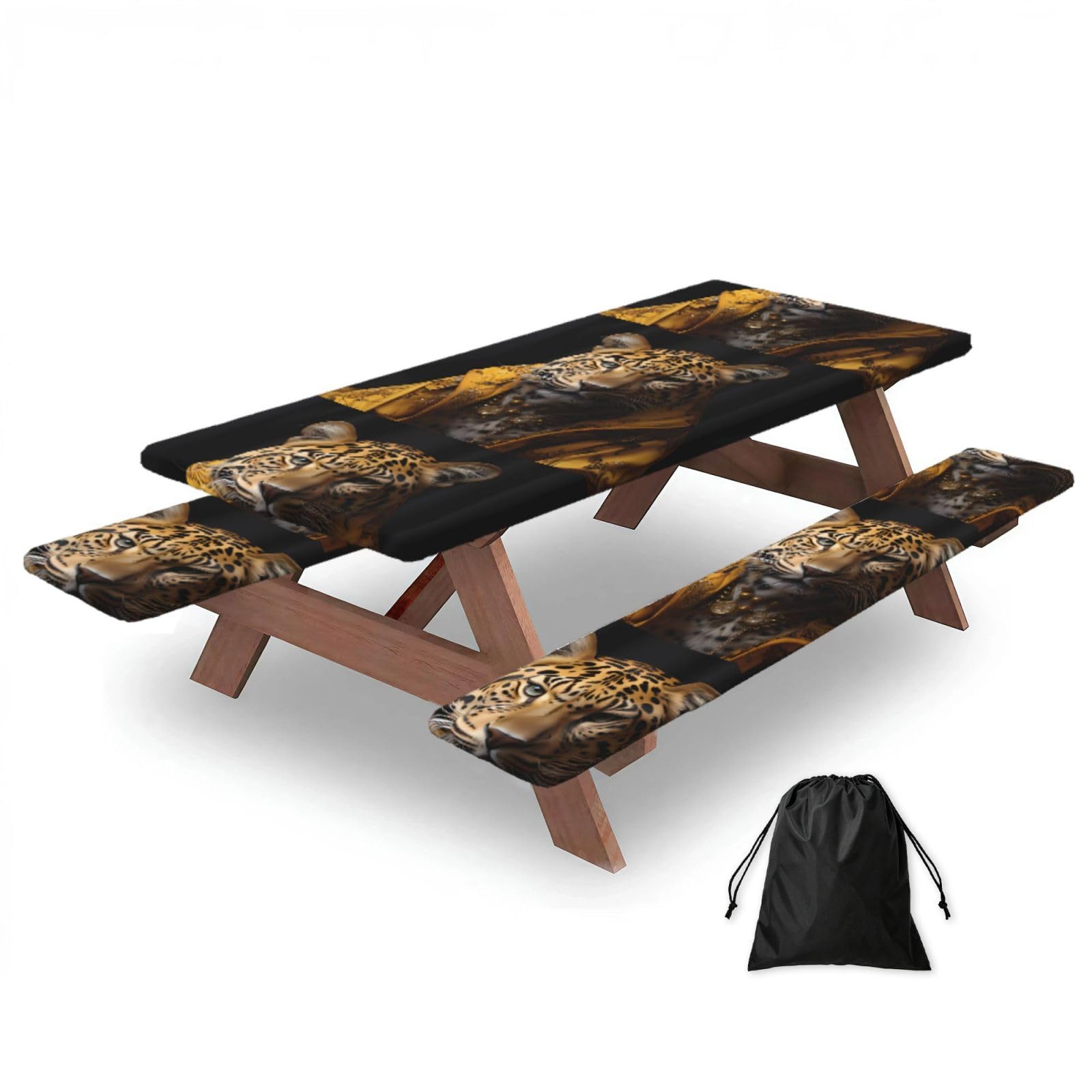 Hhbiuuo Black 72In Camping Table Cover & Bench Covers 3-Pack Set, Leopard In A Leather Jacket Print Tablecloths, For Rectangle Tables Picnic