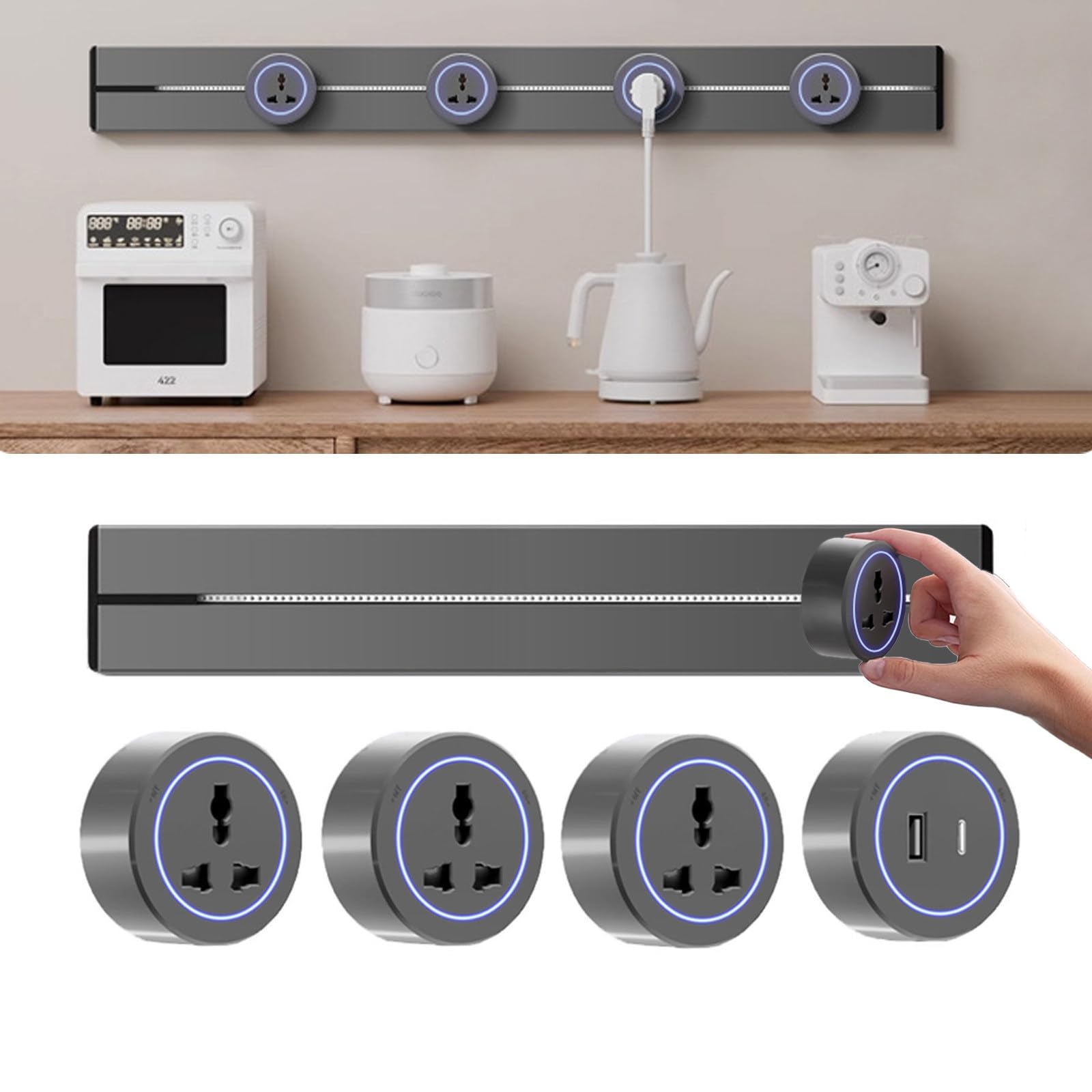 Listwa Zasilająca ścienna 40/50/60/75/100 Cm + Wielofunkcyjny Adapter Z Trzema Otworami + Adapter USB Typu C, 8000 W, Wyjmowany Przedłużacz Gniazdka, Do Kuchni I Biura 40cm