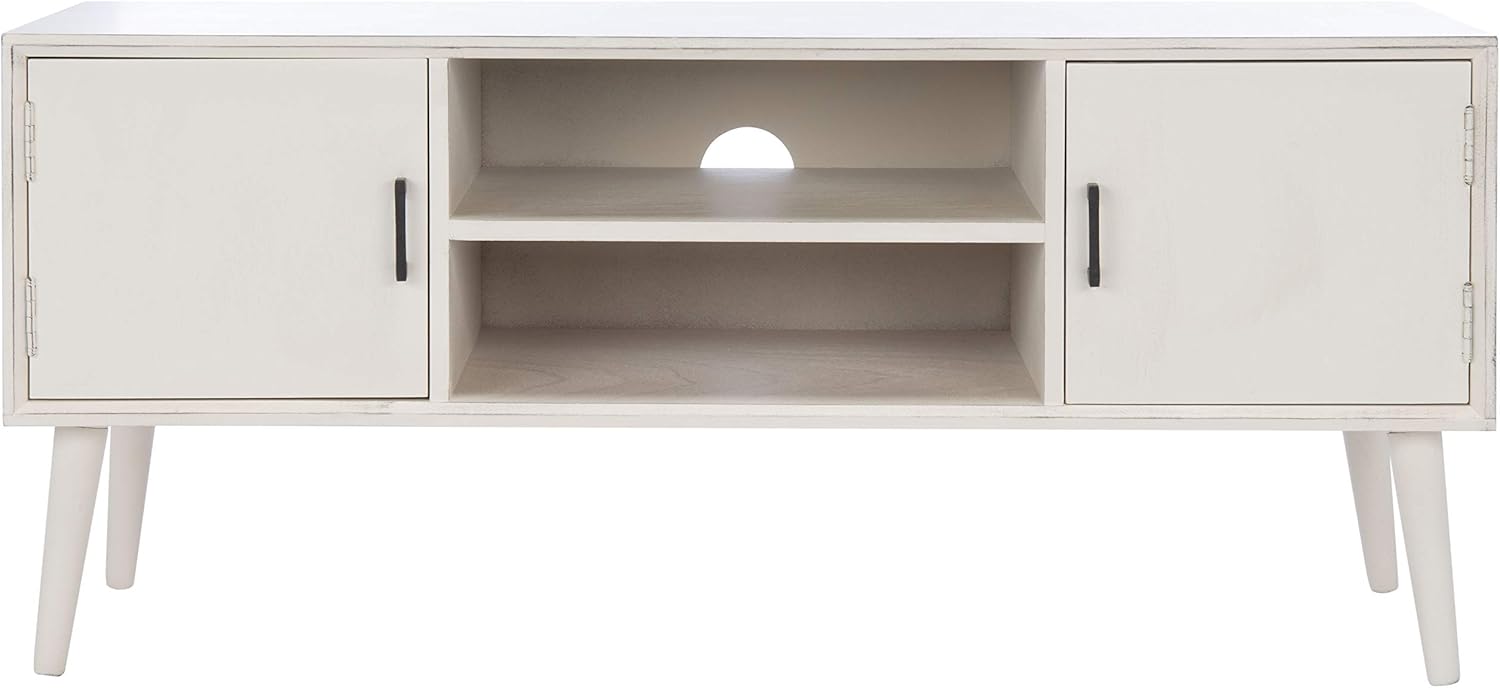 SAFAVIEH Sorrel TV Stand for up to 55" Flatscreen – Distressed White, 2 Doors with Interior Storage, 2 Open Shelves, Entertainment Media Console (MED5701A)