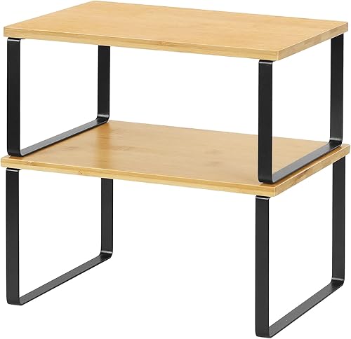 NEX Organizador de armario de cocina y estante de mostrador apilable y expandible negro y natural