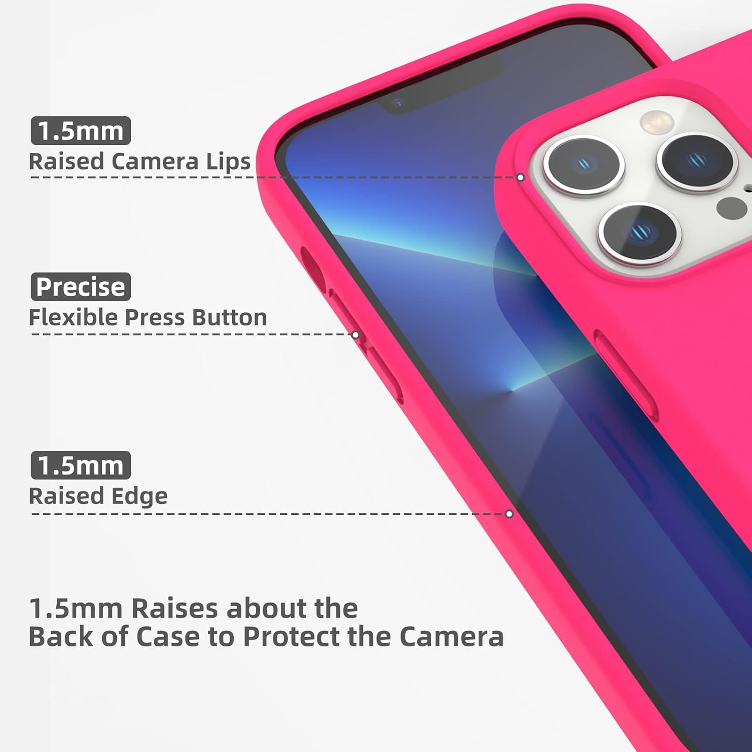 Compatible with iPhone 13 Pro Max Phone Case 6.7 inch, [Shockproof][Anti-Scratch] Slim Liquid Silicone Case Protective Bumper Rubber Gel Cover for iPhone 13 Pro Max 6.7" 2021 - Hot Pink