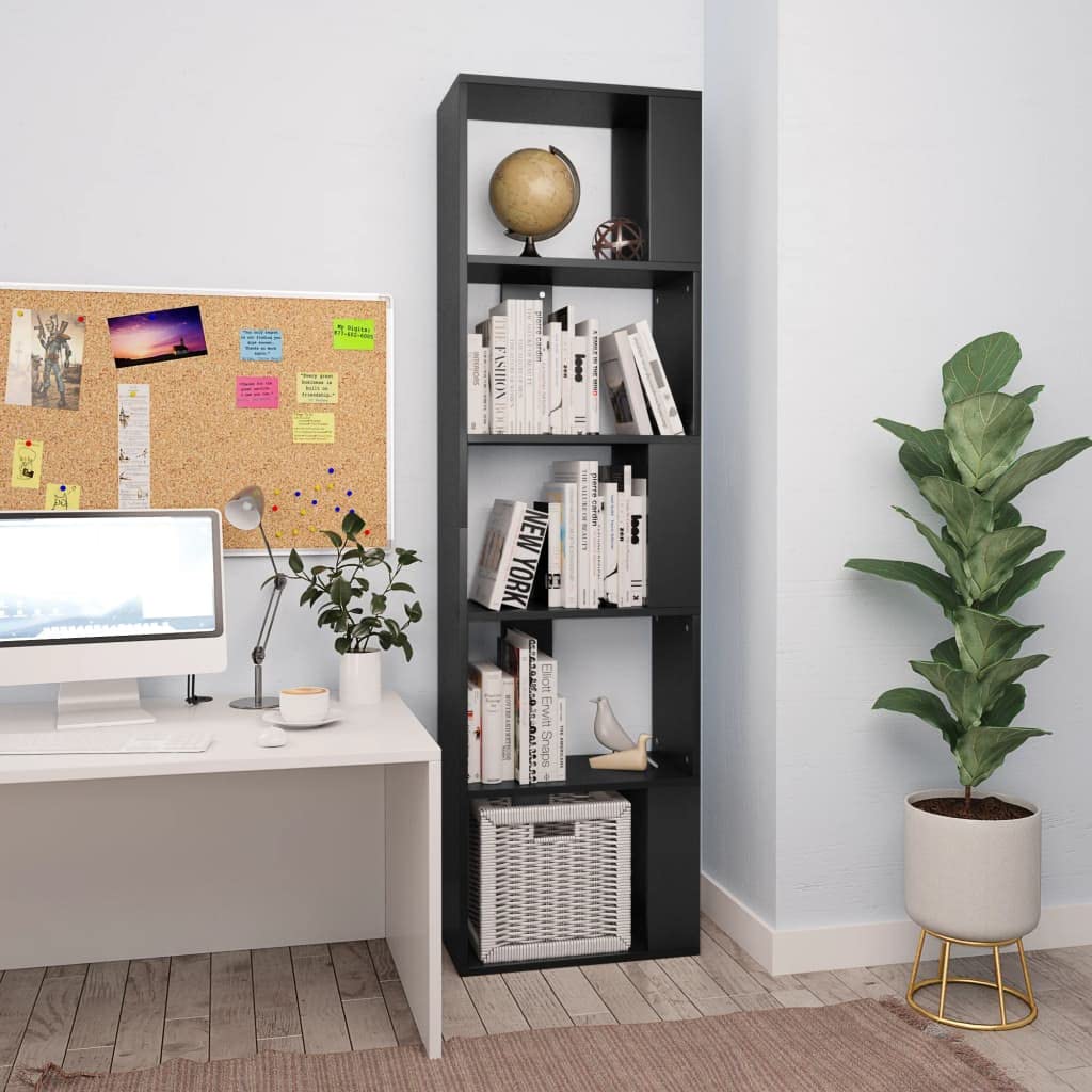 Générique Biblioteka 5 przegródek czarne drewno Ingenierie | Półka na książki czasopisma, meble do przechowywania, łatwe do wyschnięcia na mokro, oddzielny korytarz