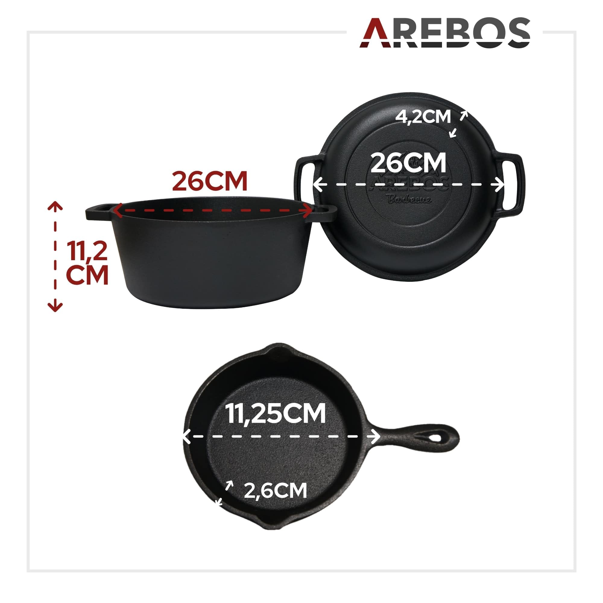 Arebos Dutch Oven Set 2in1 | Gusseisen Topf 4,8 L & Pfanne 1,8 L | Eingebrannter BBQ Feuertopf & Bratpfanne inkl. Zubehör | Doppelfunktion Deckel/Bratpfanne | Gulaschkessel für Outdoor & Indoor