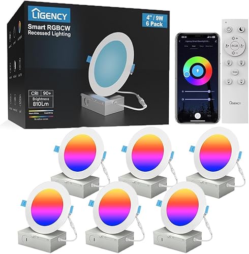 Ligency Iluminación LED empotrable inteligente, luz de techo ultrafina de 4 pulgadas y 9 W con caja de conexión, funciona con AlexaGoogle