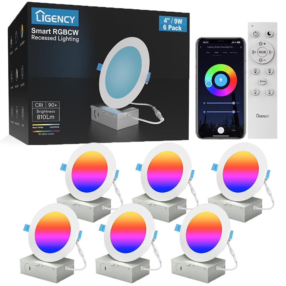 Smart Recessed Lighting 4 Inch, 9W Ultra-Thin Wi-Fi LED Downlight RGBCW Color Changing Ceiling Light Compatible with Alexa & Google Assistant with Junctio Box, 810 Lumen, 6-Pack