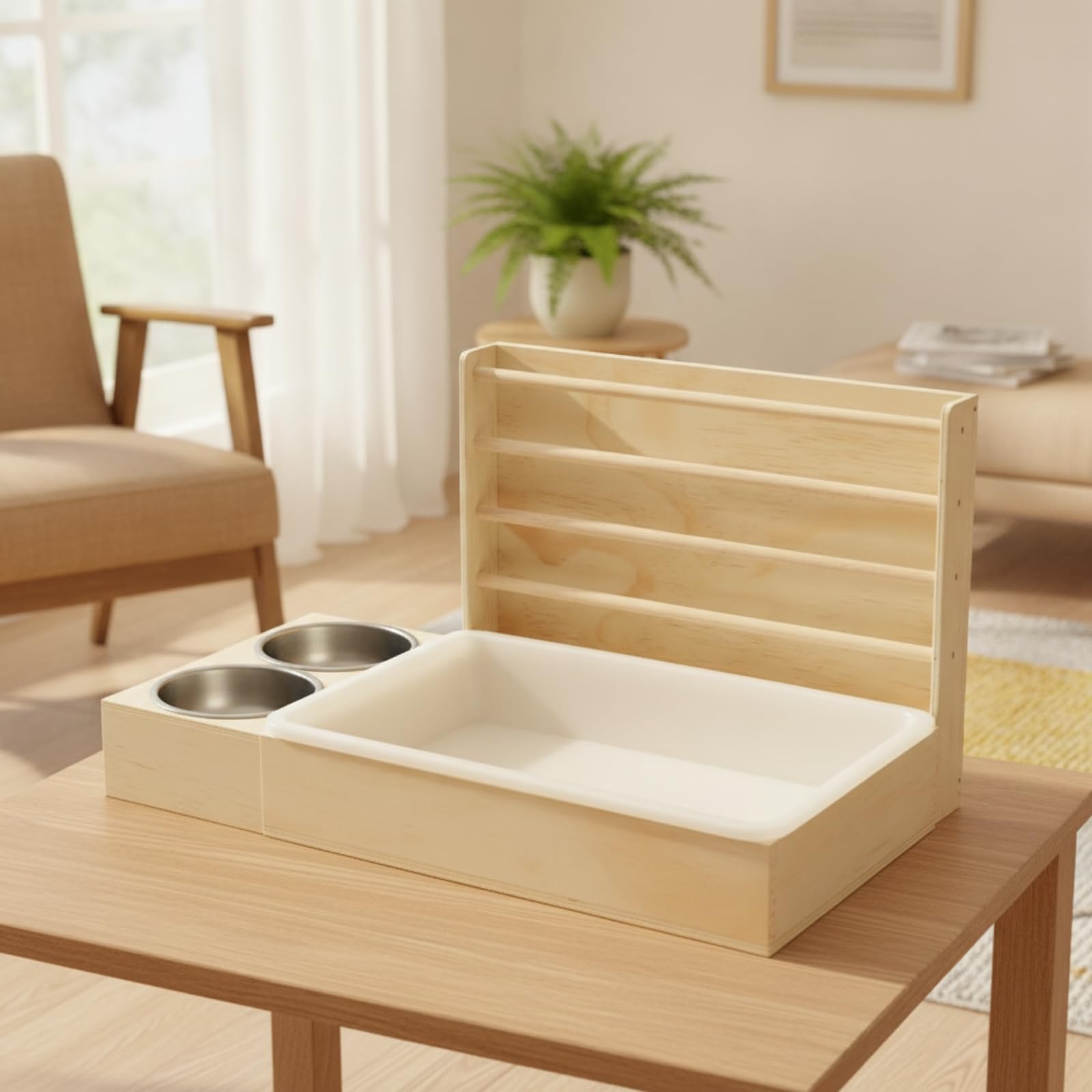 Mangeoire en Bois avec Gamelles Robuste Râtelier à Foin avec Écuelle Amovible Distributeur pour Cochons D'In, Intérieur