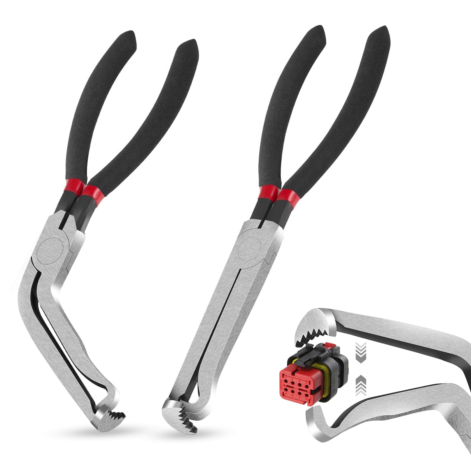 2Pcs Electrical Disconnect Pliers,Electrical Connector Pliers for Cars,Fuel Line Petrol Clip Pipe, Automotive Hose Disconnect Tools Sets, for Push Tab Style Plugs (1*Red60+1*Red Straight)