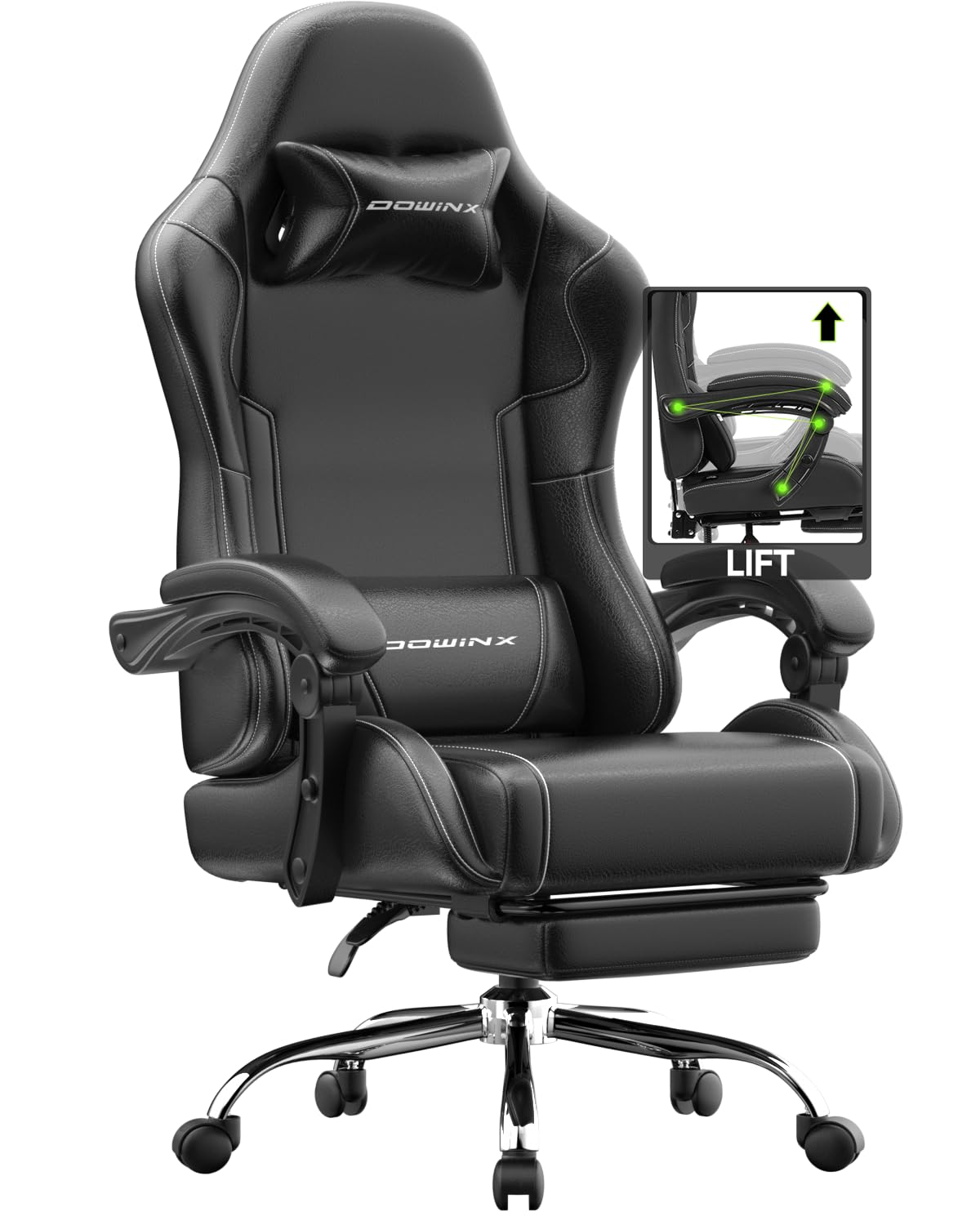 Dowinx Gaming Stuhl, Ergonomischer Chair, Gamer Sessel mit Fußstütze, 150KG Belastbarkeit Gamingstuhl mit Verstellbare Order Feststehende Armlehnen, PC Computerstuhl