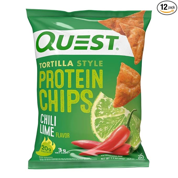 Quest Nutrition Chili Lime Tortilla Style Protein Chips, 20g Protein, 3g Net Carbs, Low Carb, Gluten Free, 1.1 oz (Pack of 12)