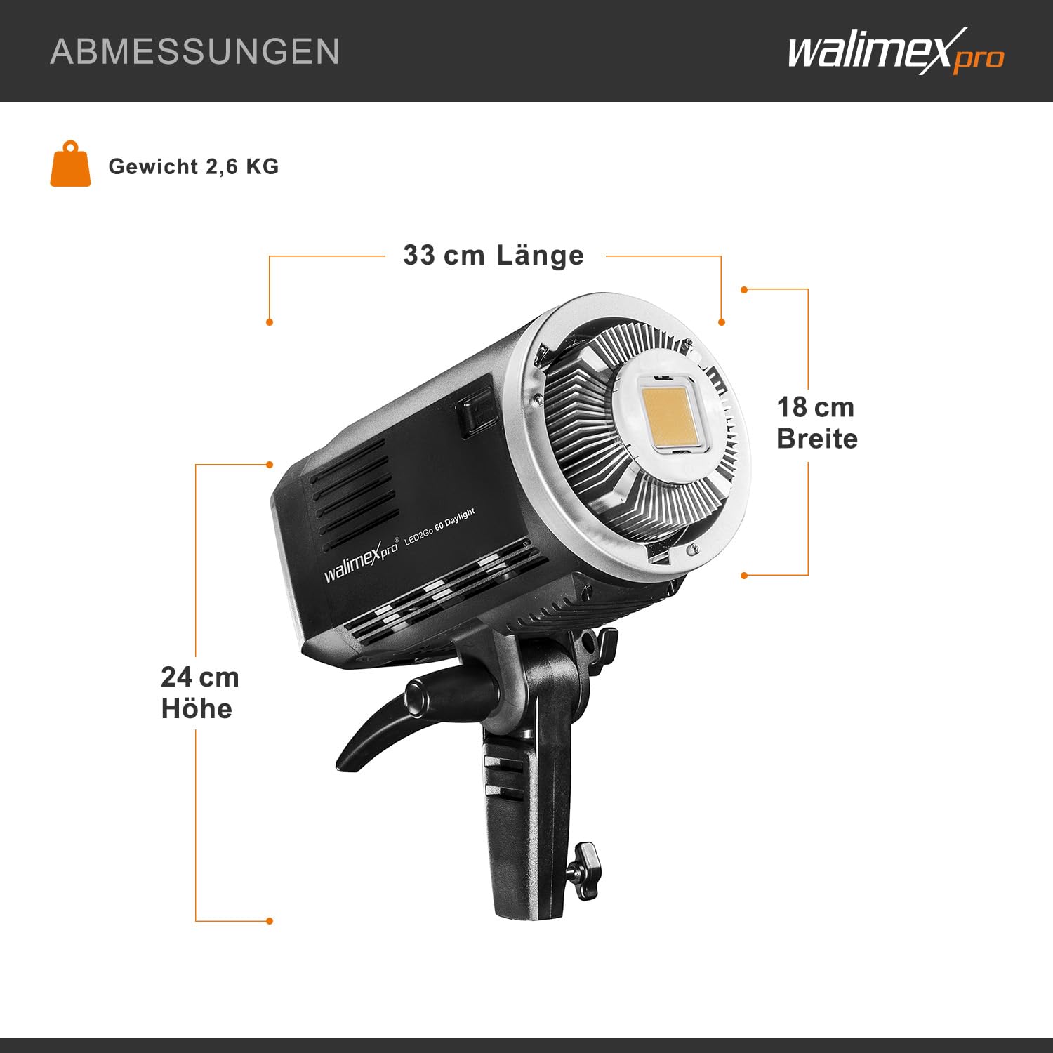 Walimex pro LED2Go 60 Daylight lampa wideo LED 60 W z akumulatorem, stałe światło studyjne z mocowaniem Bowens S-Type, nowoczesna technologia COB, idealna do fotografii studyjnej