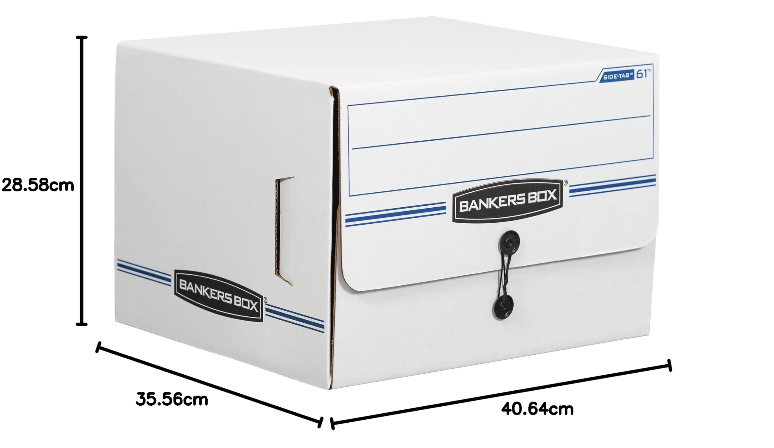 BANKERS BOX 00061 Caja de almacenamiento de archivos con pestaña lateral, carta, 15-1/4 x 13-1/2 x 10-3/4, blanco/azul (caja de 12)