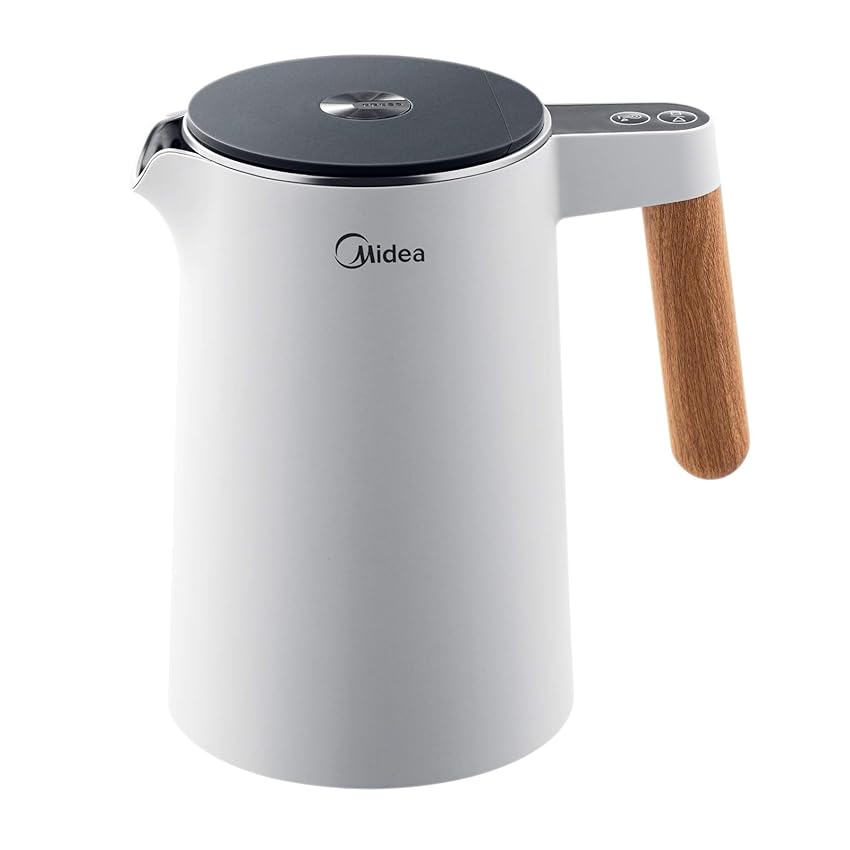 Midea 1,5 Litri Bollitore Elettrico Temperatura Regolabile, 2200W Kettle con Doppia Parete e Interno in Acciaio Inox, 7 Livelli di Temperatura, Manico in Legno, senza BPA, Bianco