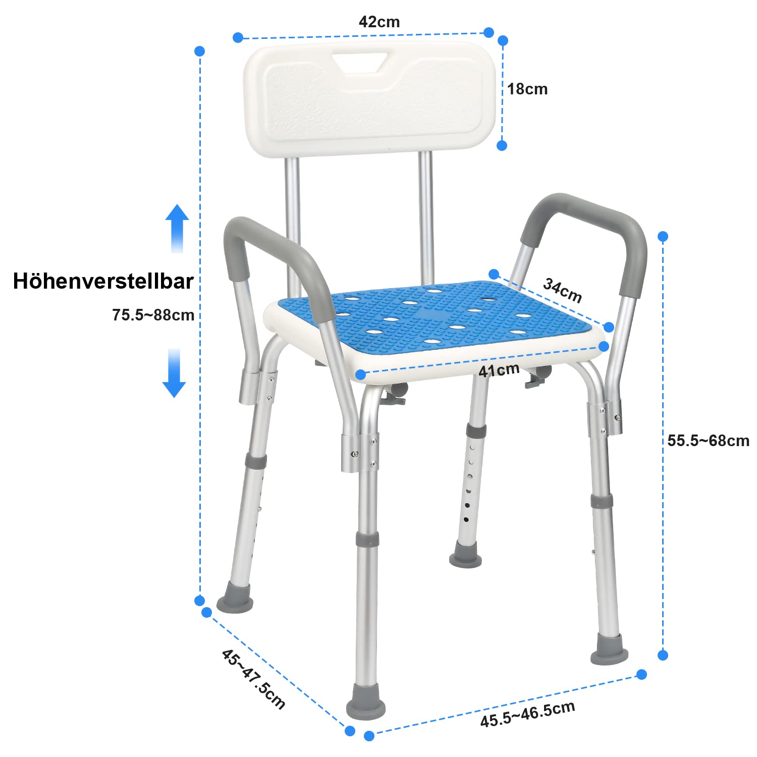 Ikodm - Sgabello da doccia in alluminio, regolabile in altezza, antiscivolo, con braccioli e schienale, per persone che necessitano di assistenza e cure