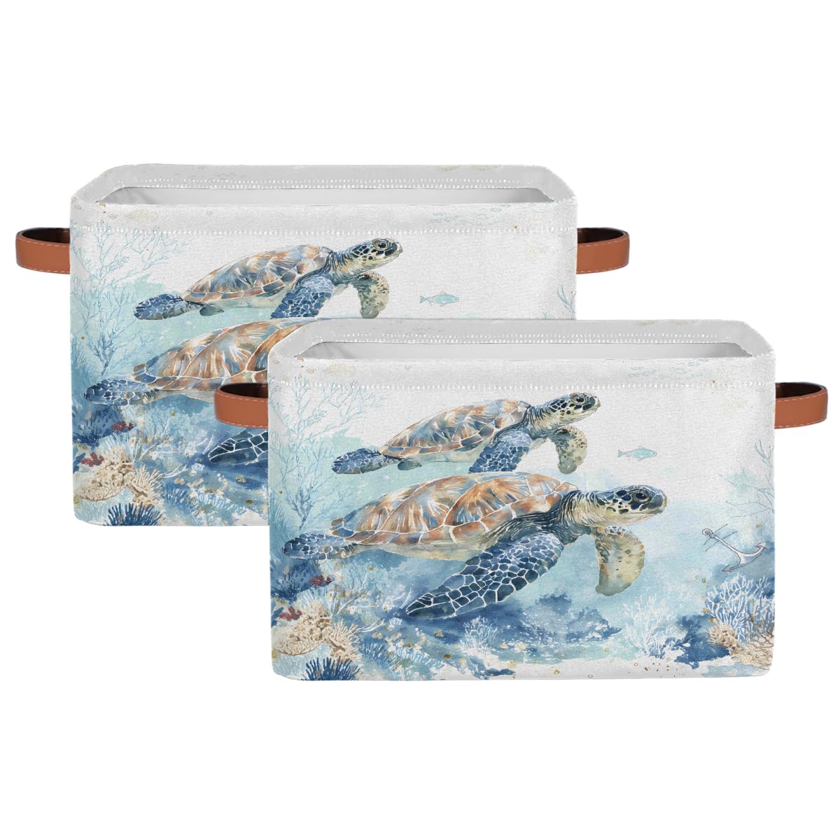 Rechteckiger Aufbewahrungskorb mit Ledergriffen, Vintage-Stil, Aquarell-Schildkrötenfisch, 2 Stück, faltbarer Stoff-Aufbewahrungskorb für Schrank, Badezimmer, Wohnzimmer, Büro, Spielzeug