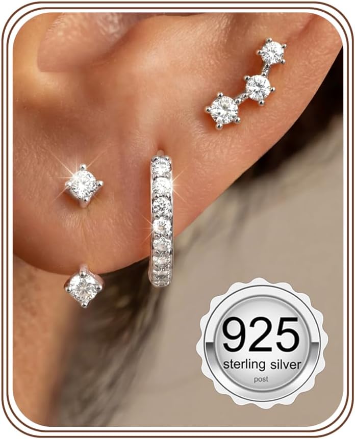 3 Pairs 925 Sterling Silver Hypoallergenic Earrings for Women Trendy - 14K Gold Plated Stud Hoop Cartilage Earrings Set Small Earring Stacks for Sensitive Ears Non Tarnish Dainty Silver Earring