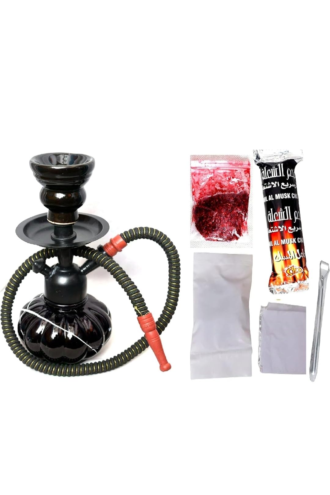Combo Of 12 Inches Glass,Turkish Iron,10 Shisha Magic Charcoal Disk,Prem Herbal Flavour (Tobacco/Nicotine-Free)Luxury Glass Hookah Multicolor Set With All Accessories,Black