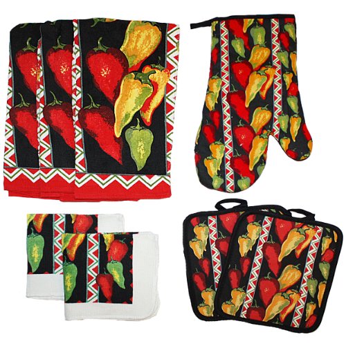 Cotton Printed Kitchen Dish Towels, Pot Holder and Oven Mitt, Set of 8 for Cooking, Baking, Housewarming, Host/Hostess, Wedding Registy, Caliente