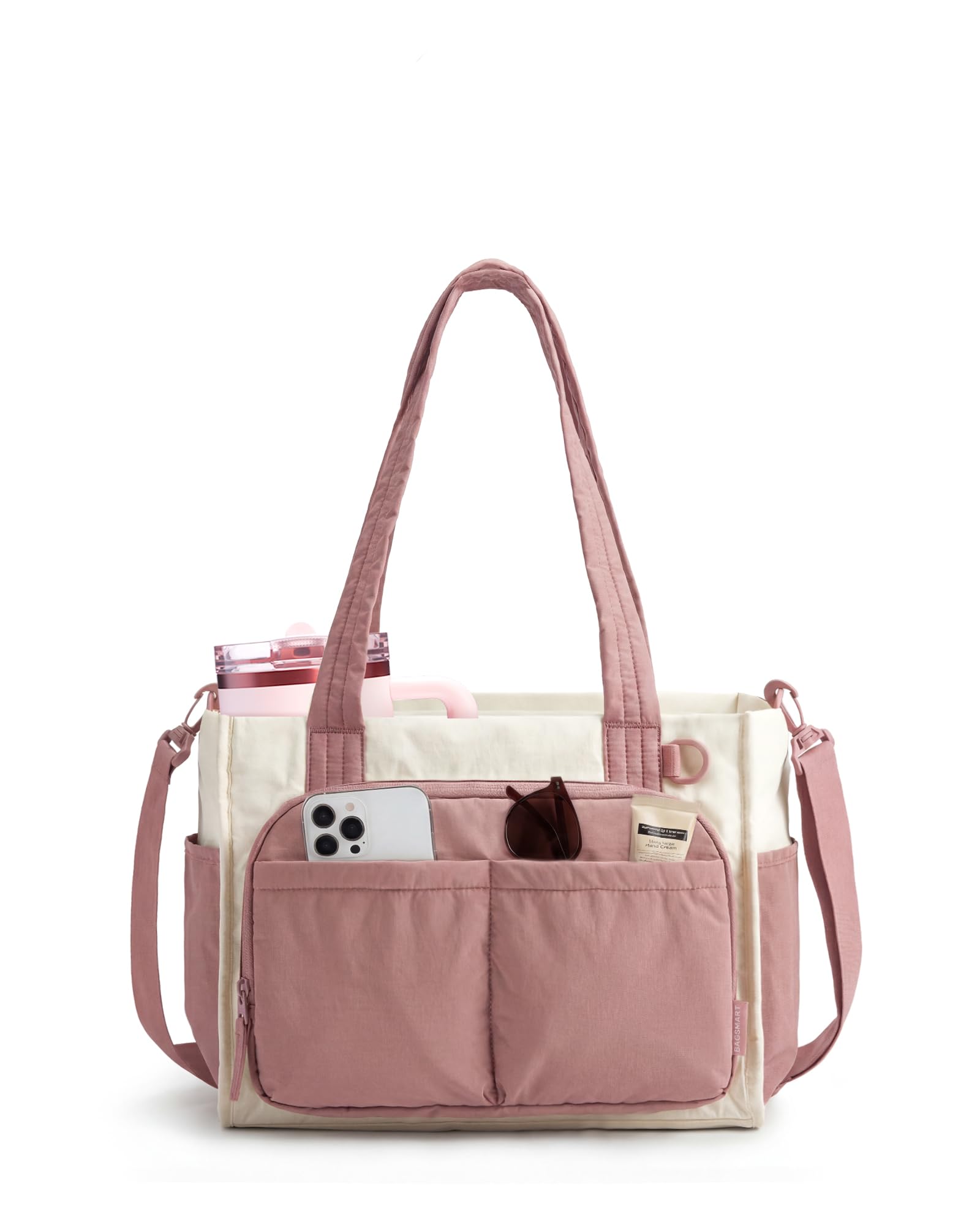 BAGSMART Tote Bag for Women, Puffy Laptop Work College Shoulder Handbag | 30oz or 40oz Tumbler Holder with Crossbody Strap, 13 inch or 15.6 inch Laptop Sleeve, Water Resistant Puffer Teacher Tote Bag Dark Pink Small