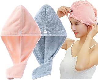 ヘアドライタオル ドライキャップ 2枚セット ピンク+水色 速乾 髪タオル 長い髪専用 | 軽量 シャワーキャップ 強い吸水性 お風呂上がり タオルキャップ ふわもこ ヘアターバン ヘアキャップ バス用品