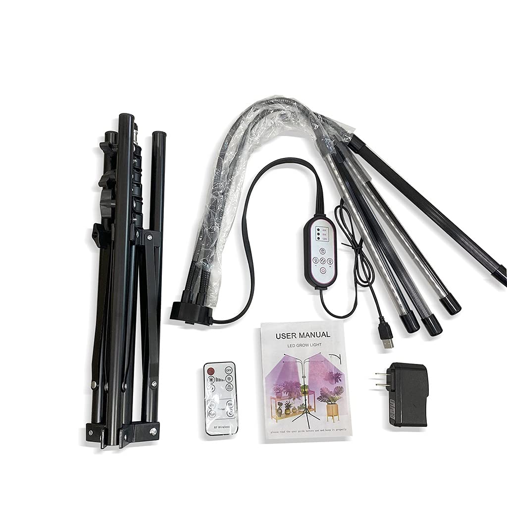 4 Teste Lampada da Pavimento a Spettro Completo,LED Grow Light con Treppiede Regolabile,Accensione/spegnimento Automatico,4/8/12H Timer,3 modalità di Commutazione
