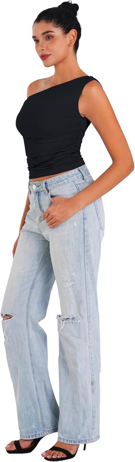 Sunzel Women's Off Shoulder Sleeveless Crop Top, Y2K Trendy Going Out Tank Shirt, Asymmetrical Neckline & Ruched Detail - Image 7