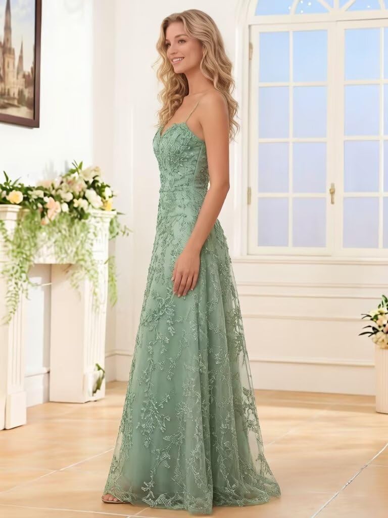 Spaghetti Strap Sparkly Prom Dress for Women Long Tulle Formal Dress Laces Evening Party Gown