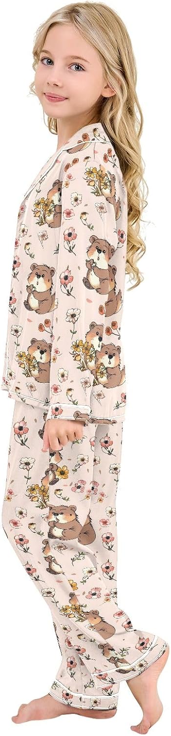 Kids Casual Satin Wear Set Groundhog Pink Flower Pattern Unisex Relaxed Fit Clothing