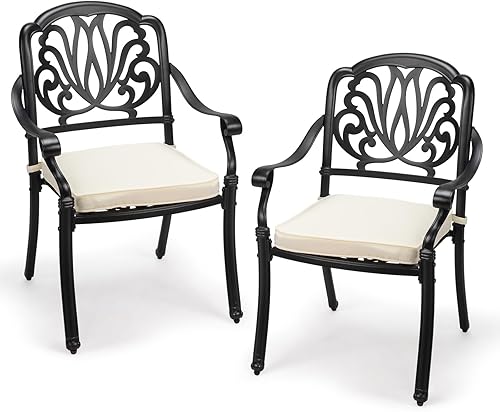 VINGLI Juego de 2 sillas de patio apilables de aluminio fundido para exteriores con acabado negro vintage y patrón floral, sillones de metal para