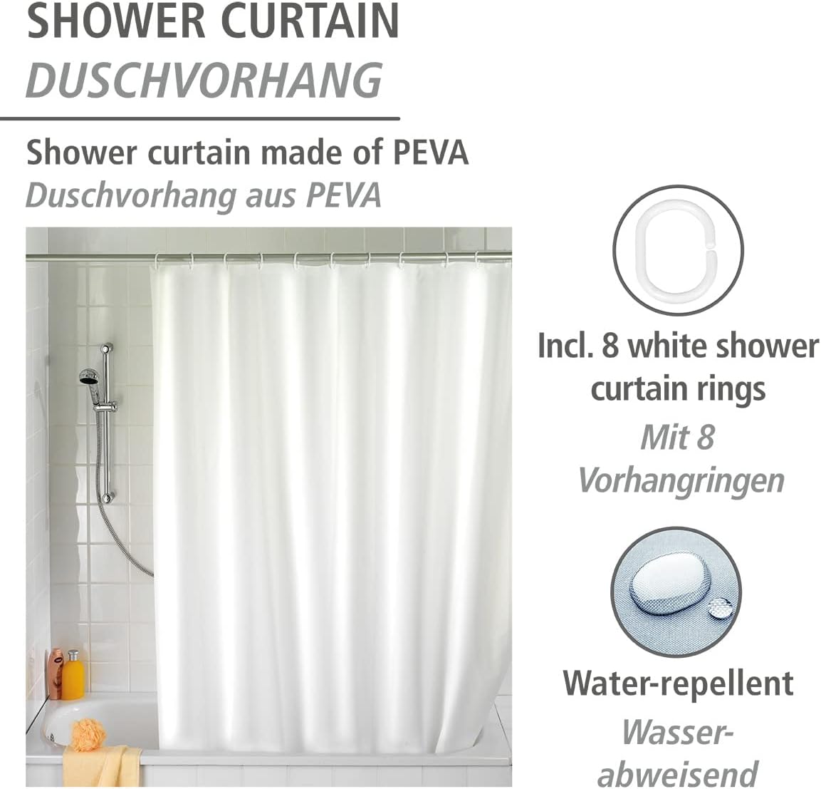 Wenko 19103100, PlasticÃ‚ -Ã‚ PEVA Shower Curtain Plain WhiteÃ‚ -Ã‚ Waterproof, Easy, 25Ã‚ cm, White, White, 120 x 200 cm by Wenko