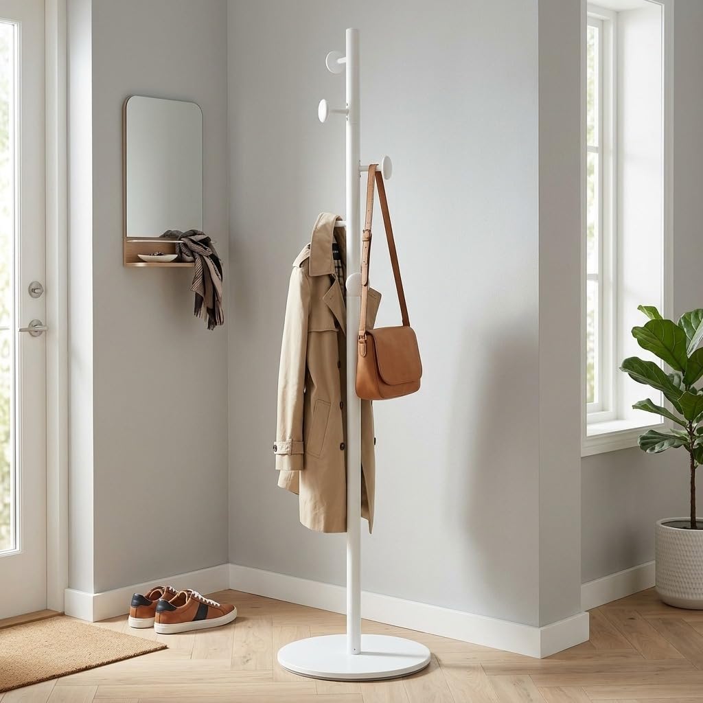 MAKA Appendiabiti da Terra Jerry Bianco in Metallo Alto 173 cm, Attaccapanni Piantana Moderno Minimalista con Base Circolare da 37 cm e Ganci su Più Livelli per Giacche Cappotti Borse, 37x37x173 cm
