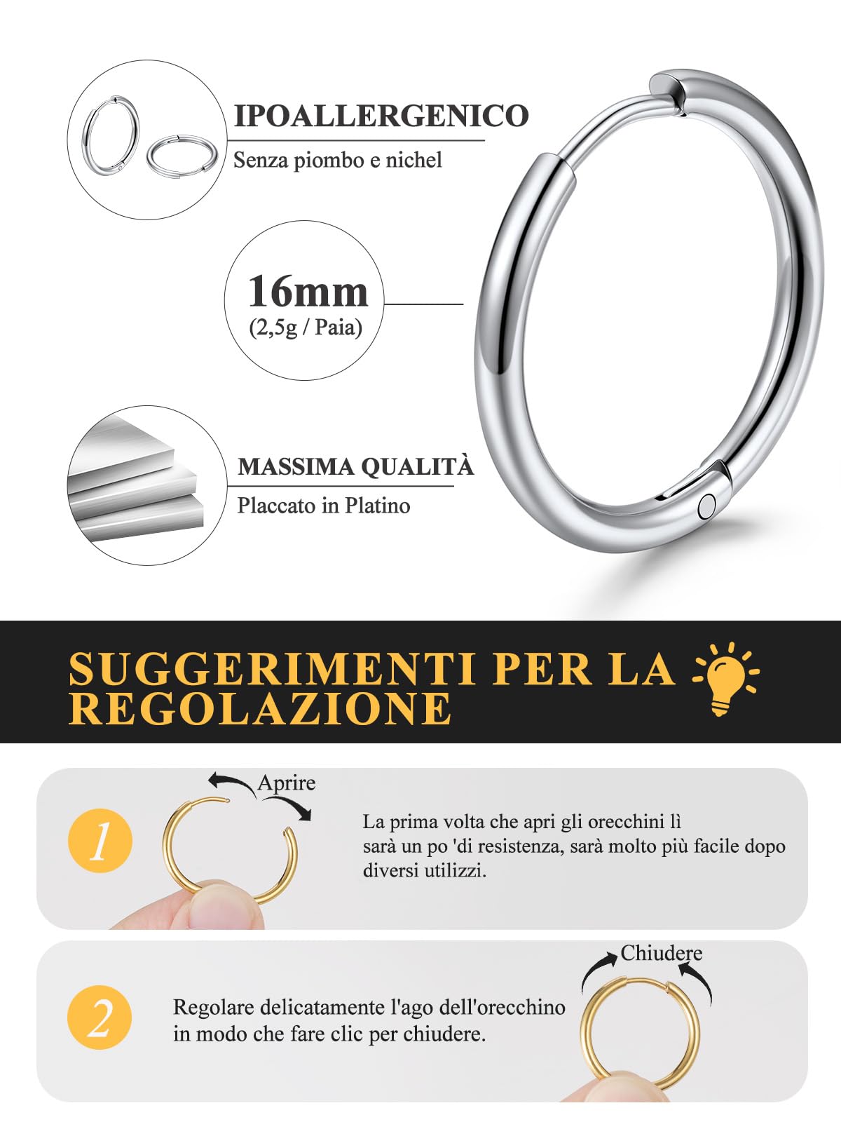 Orecchini Huggie a Cerchio Piccolo 7-16mm Larghezza 2-3mm Acciaio Inossidabile Nero Oro Uomo Donna